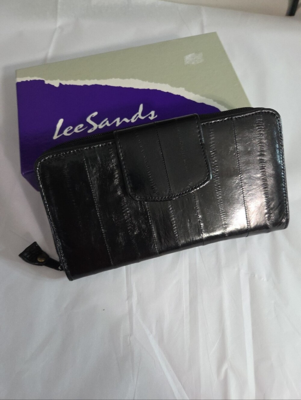 lee sands black eel skin full size wallet 80s new in box coin credit card large